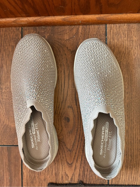 Skechers Shoes - Skechers Women's Slip-On Knit Sneakers in Taupe with Rhinestone Accents